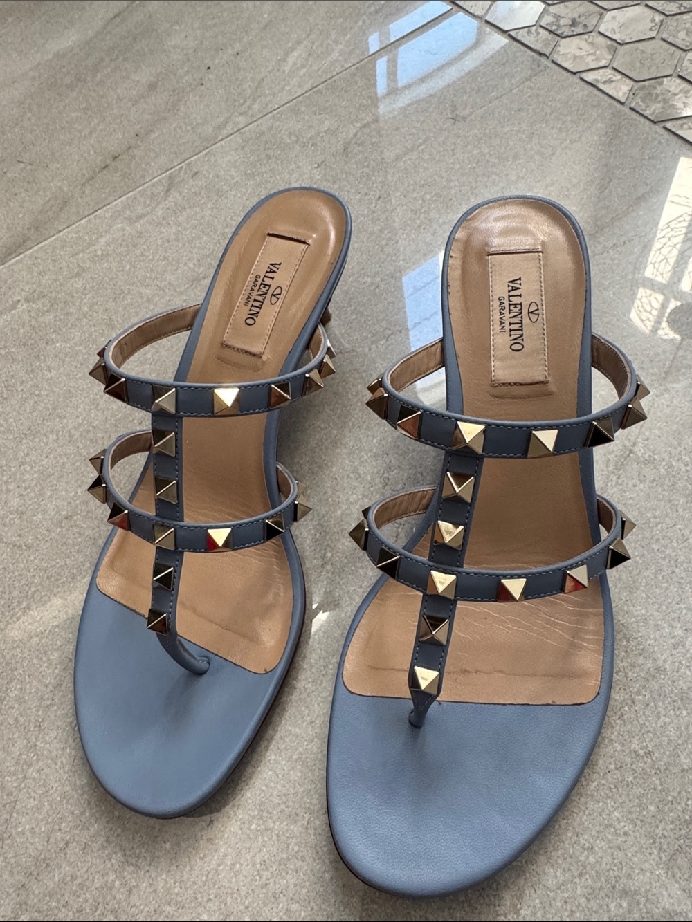 Valentino Garavani Blue Leather Rockstud Three-Strap Slide Sandals